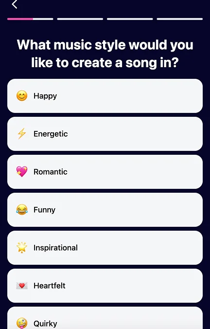 AIR Music quiz screen: What music style would you like to create a song in?