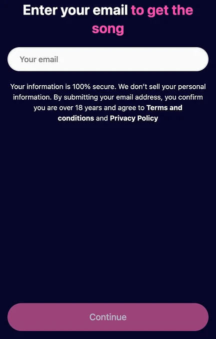 AIR Music quiz screen: Enter your email to get the song