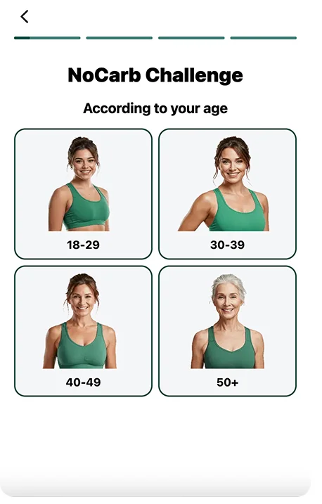 FitLens AI quiz screen: NoCarb Challenge, according to your age