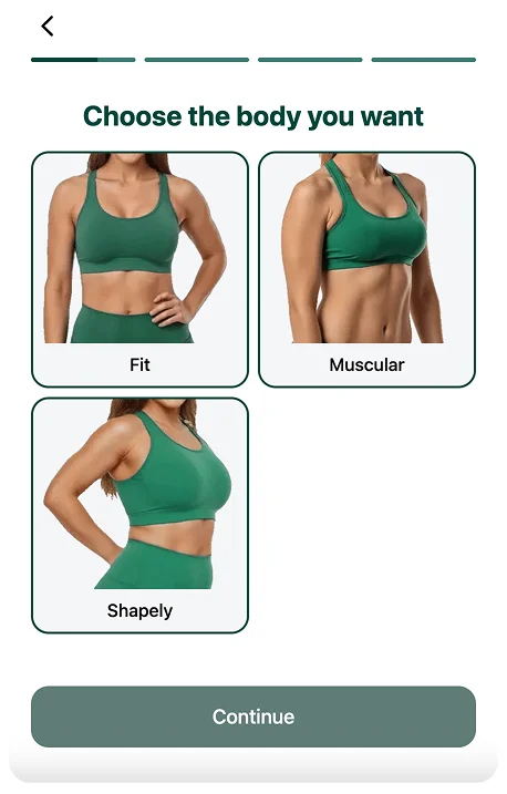 FitLens AI quiz screen: Choose the body you want