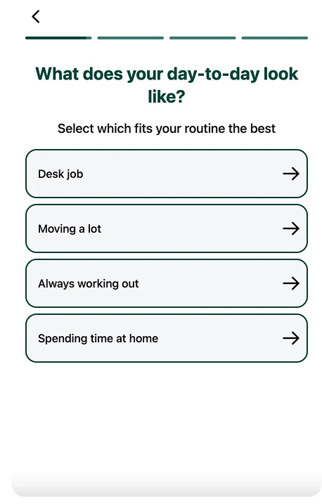 FitLens AI quiz screen: What does your day-to-day look like?