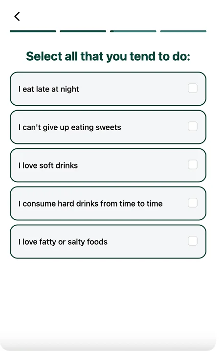 FitLens AI quiz screen: Select all that you tend to do