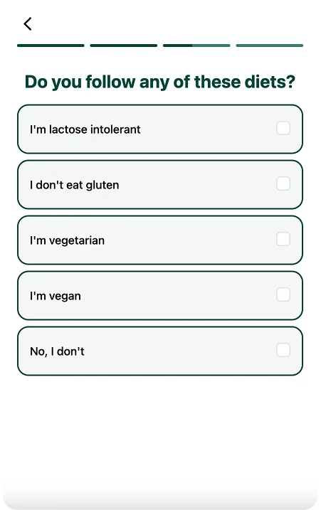 FitLens AI quiz screen: Do you follow any of these diets?
