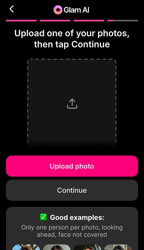 Glam AI onboarding: upload one of your photos