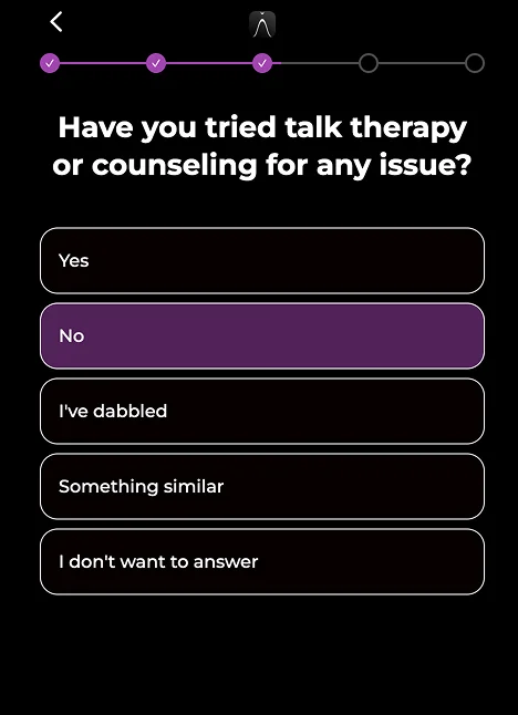 Quiz screen: Have you tried talk therapy or counseling for any issue?